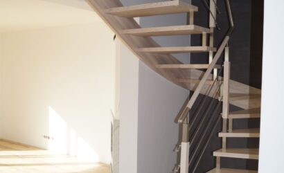 Schody policzkowe z drewnianymi balustradami